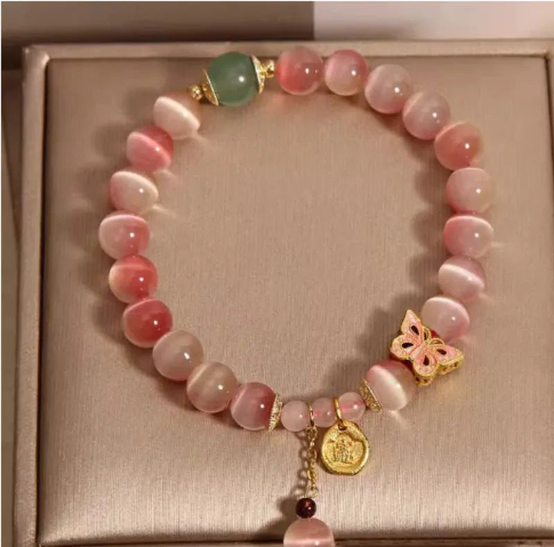 Pink opal butterfly women's bracelet with Chinese style design and electroplated finish
