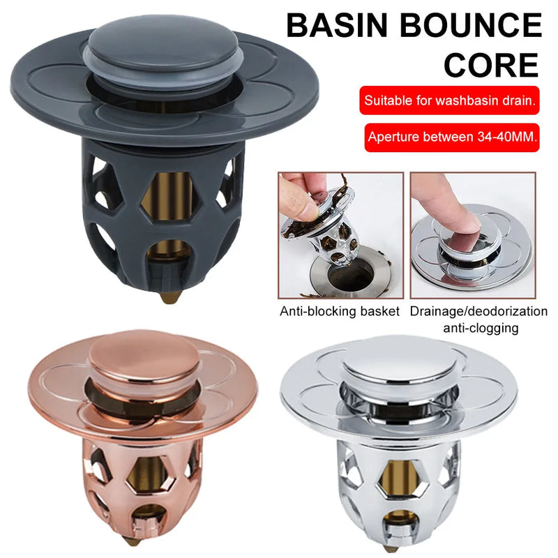 Washbasin drain plug with electroplated bouncing copper core, universal 1.1-1.5 inch head for leak-proof sealing in pool and basin applications, available in rose gold, metallic silver, and space grey finishes.