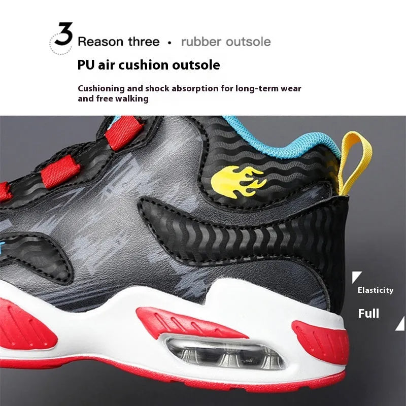 Cushion basketball running shoes with rotating button closure in black synthetic leather