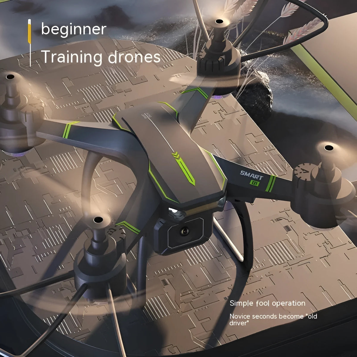 Blue remote control drone with four propellers and protective frame for aerial photography