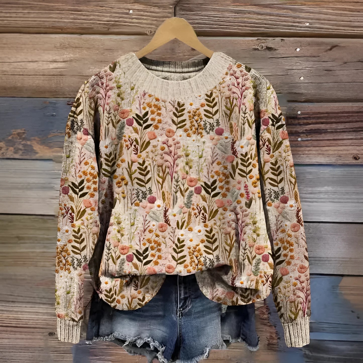 Women's round neck sweater with a colourful digital floral print on polyester fabric.