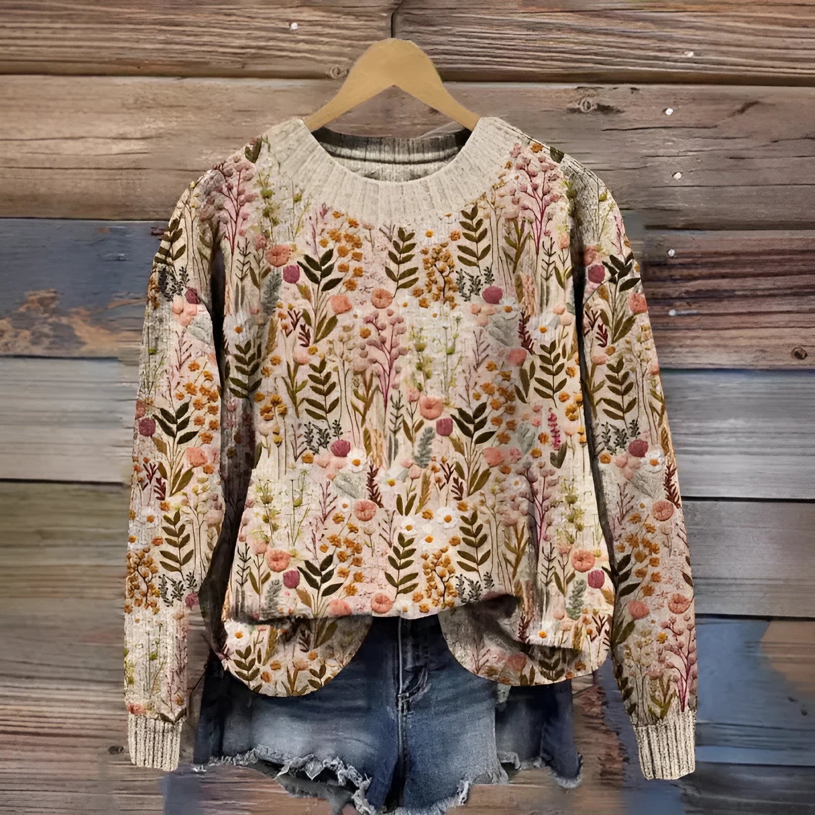 Women's round neck sweater with a colourful digital floral print on polyester fabric.