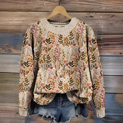 Women's round neck sweater with a colourful digital floral print on polyester fabric.