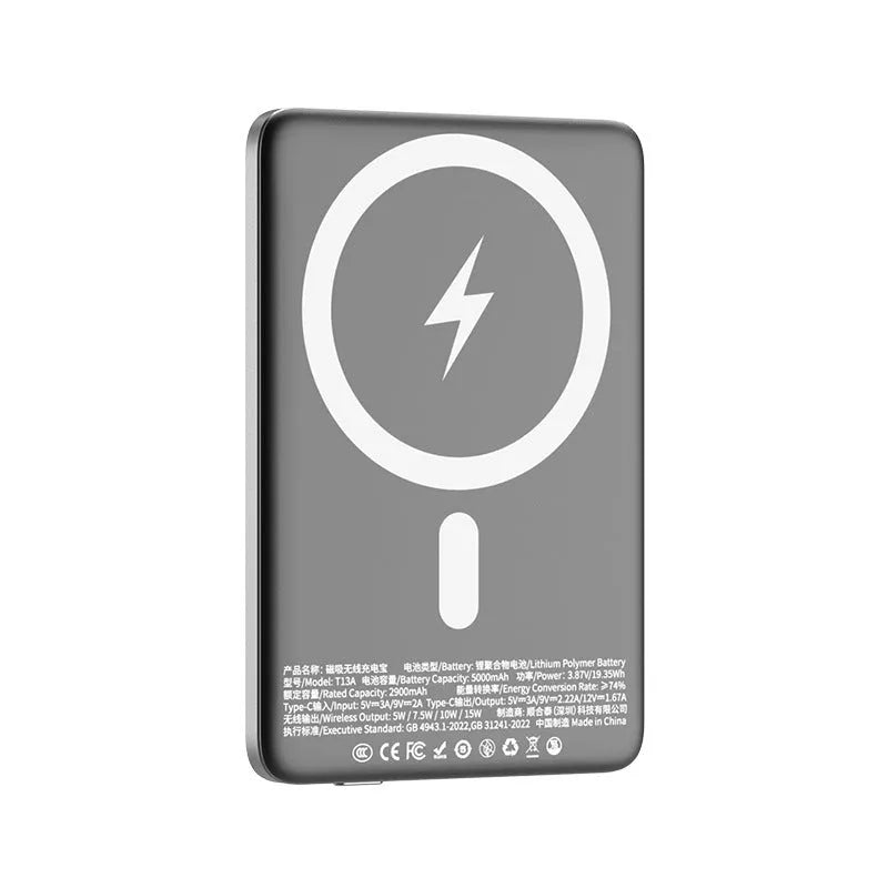 Gun grey magnetic wireless power bank with ultra-thin 9mm alloy design showing dimensions