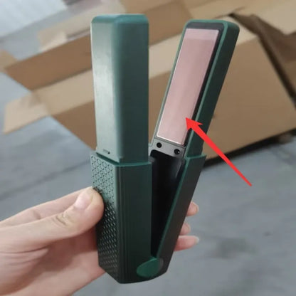 Pink and green cordless mini USB hair straightener and curler with ceramic plates.