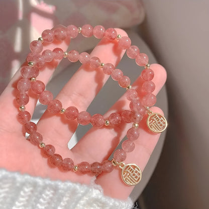 Handmade strawberry quartz blessing card bracelet with glass beads in new Chinese style.