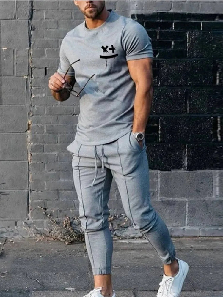 Men's grey short sleeve T-shirt tracksuit set with full-length trousers, chemical fiber blend, sizes S to XXXL
