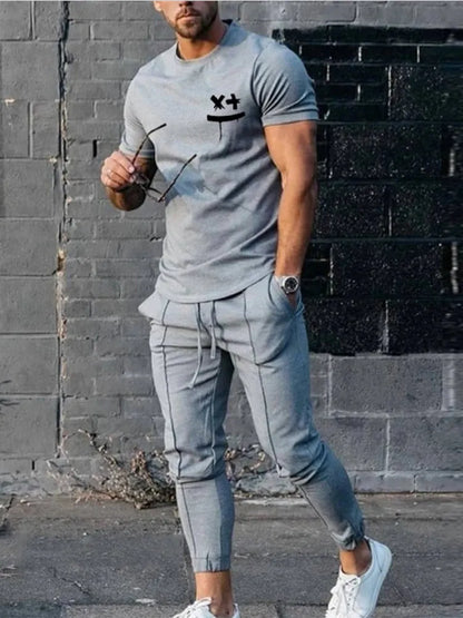 Men's grey short sleeve T-shirt tracksuit set with full-length trousers, chemical fiber blend, sizes S to XXXL