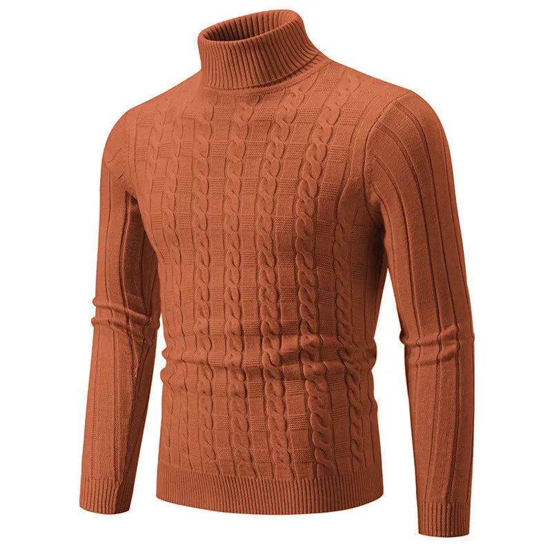 Man wearing a milky white slim fit chenille turtleneck pullover with a twist detail.