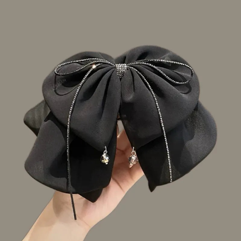 Korean style black chiffon bow claw hair clip with diamond tassel decorative elements