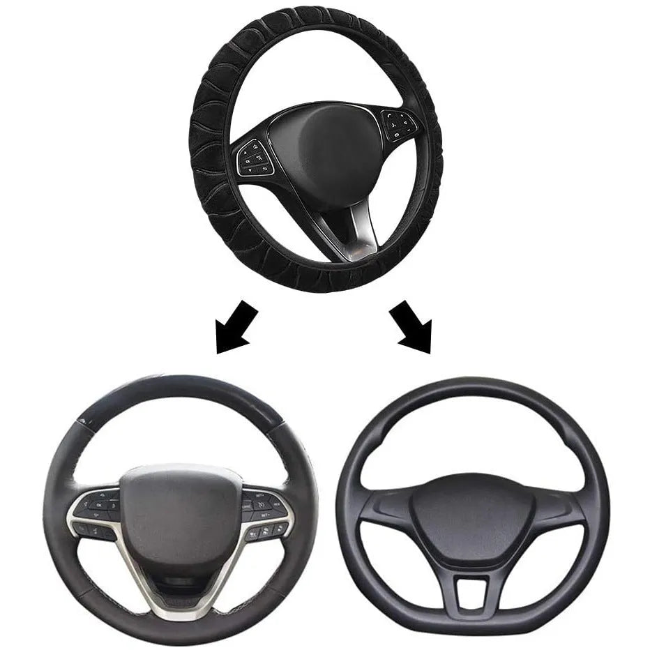 Short plush steering wheel cover in one of seven colours, fitting a 38cm steering wheel with non-slip grip
