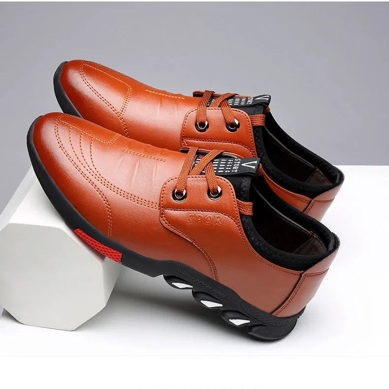 Men's plain-toe black and brown business shoes with flat soles and lace-up or slip-on styles.