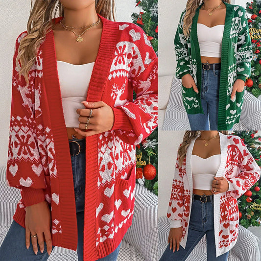 Women's open-front Christmas cardigan with festive deer print, available in red, green, and white colors