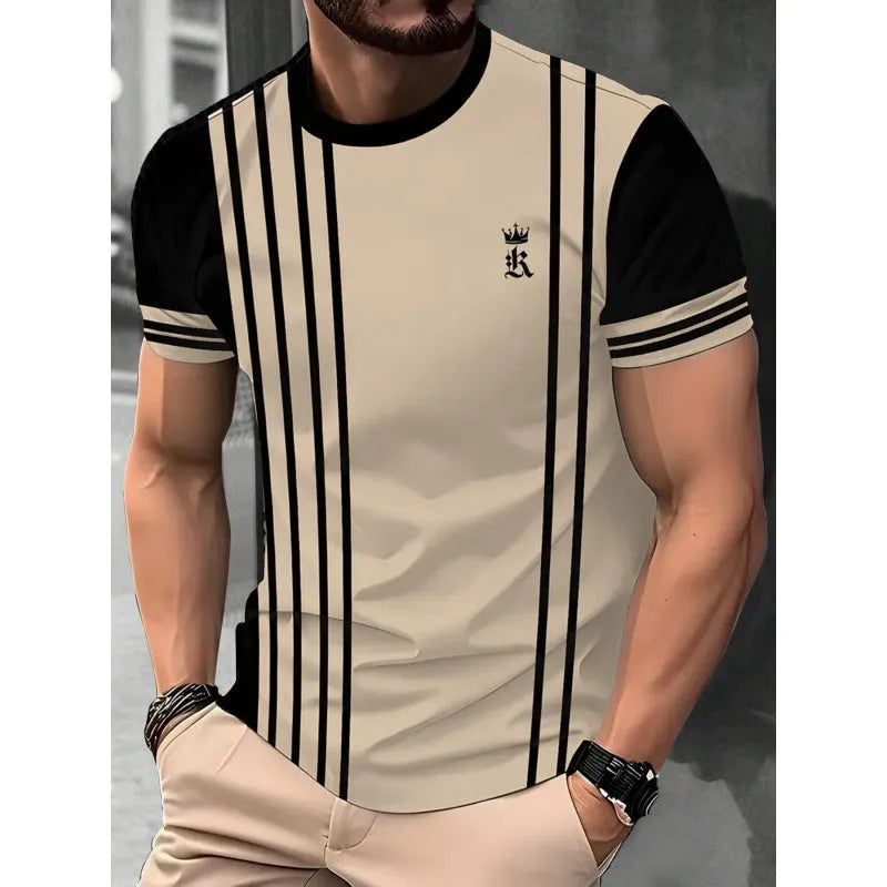 Men's loose fit digital printed T-shirt with striped pattern and short sleeves