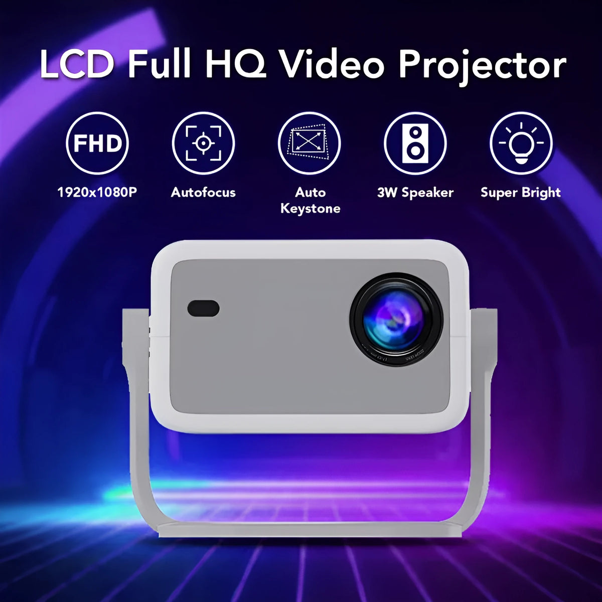 Full HD video projector with 1920x1080 resolution, 300 ANSI lumens brightness, plastic body, and power cord.
