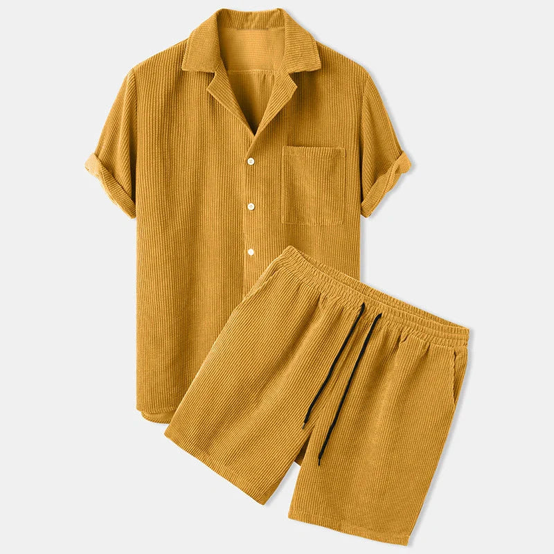 Corduroy short sleeve suit two-piece in yellow, green, and light blue