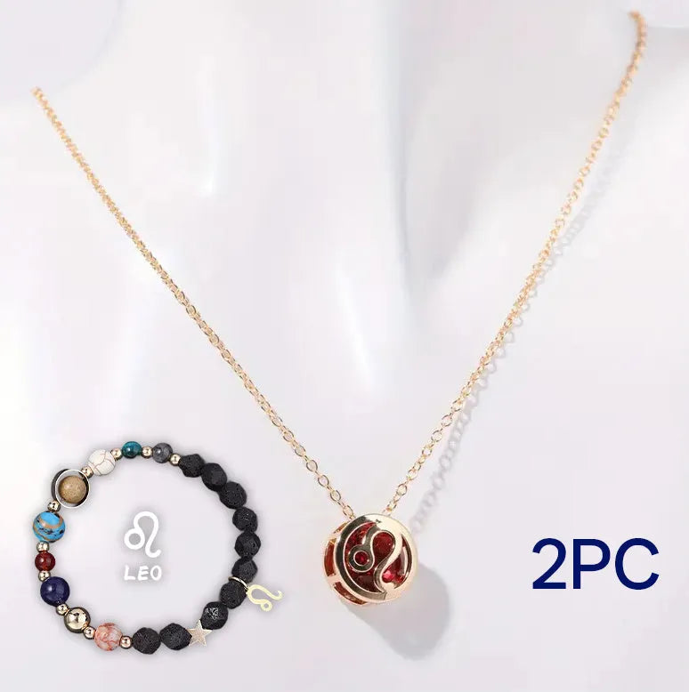 A natural stone beaded necklace and matching bracelet set laid flat, showcasing varied bead colours and textures.