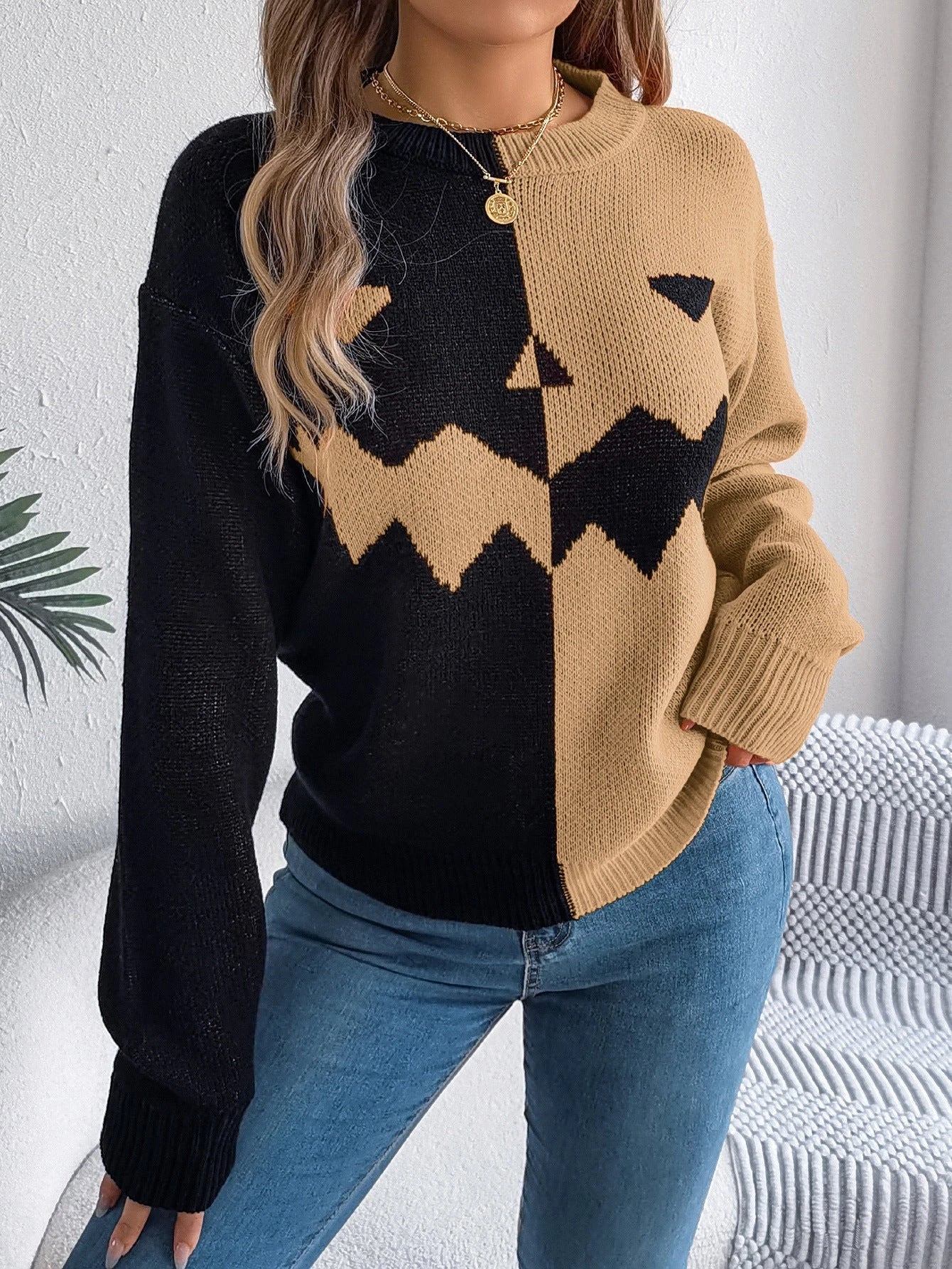 Spooky and stylish Halloween pullover sweater with ghost pattern design in various colors