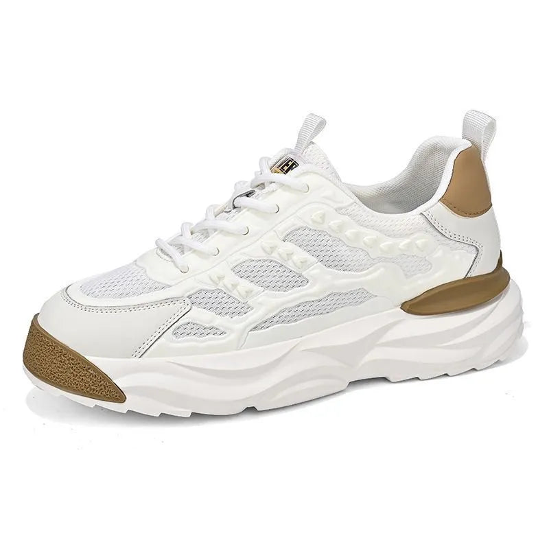 Men's solid colour breathable mesh casual shoes with round toe, shown in white and black.