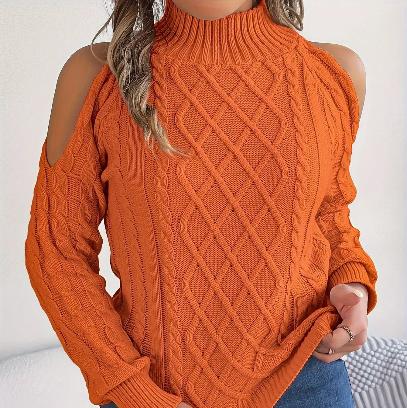 Gray women's acrylic pullover sweater with a strapless high collar, twisted pattern, and long lantern sleeves.