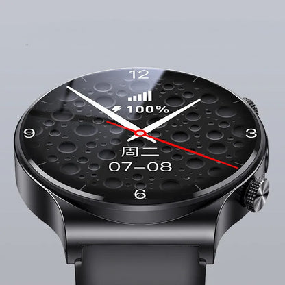 Black and white smart watch with 1.28 inch screen on wrist, showing USB charging cable.
