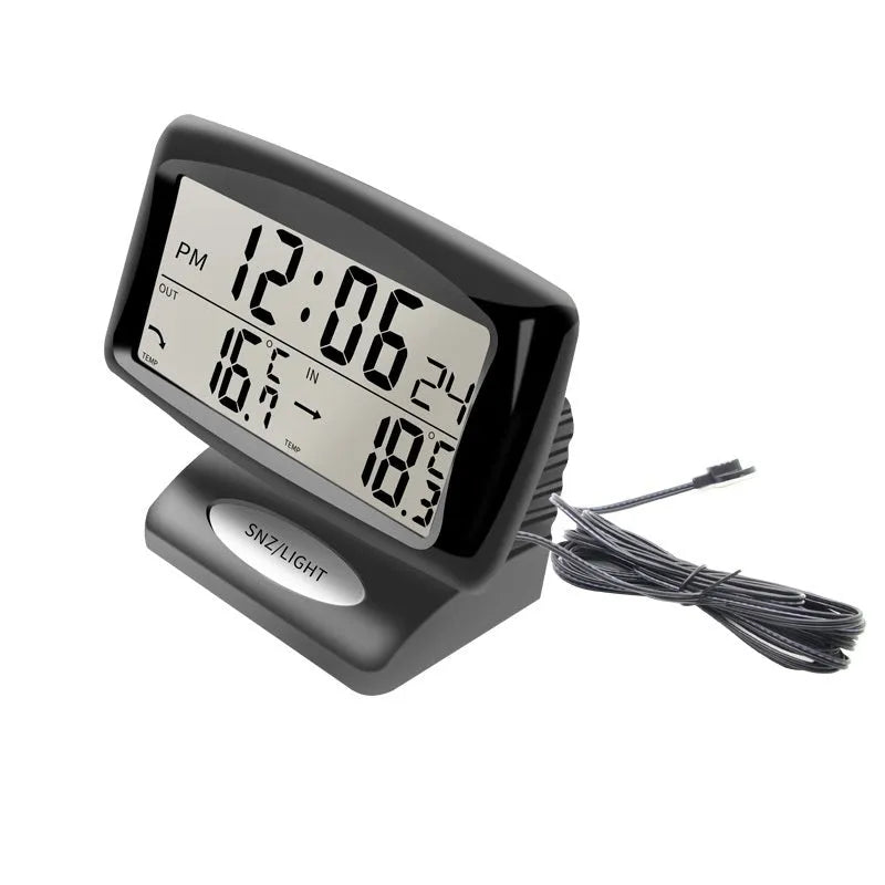 Black vehicle mounted electronic dual thermometer clock, model SH-350, 85x24mm, for inside and outside temperature