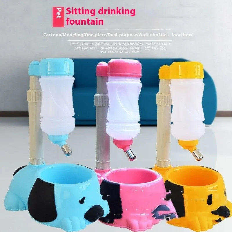 Pet drinking bowl rod lifting type with adjustable height up to 42cm from the base, plastic construction suitable for general pets, available in pink, blue and yellow colours with water dispenser included
