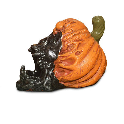Hand-painted pumpkin skull resin ornament measuring 12cm tall with orange and black colour scheme