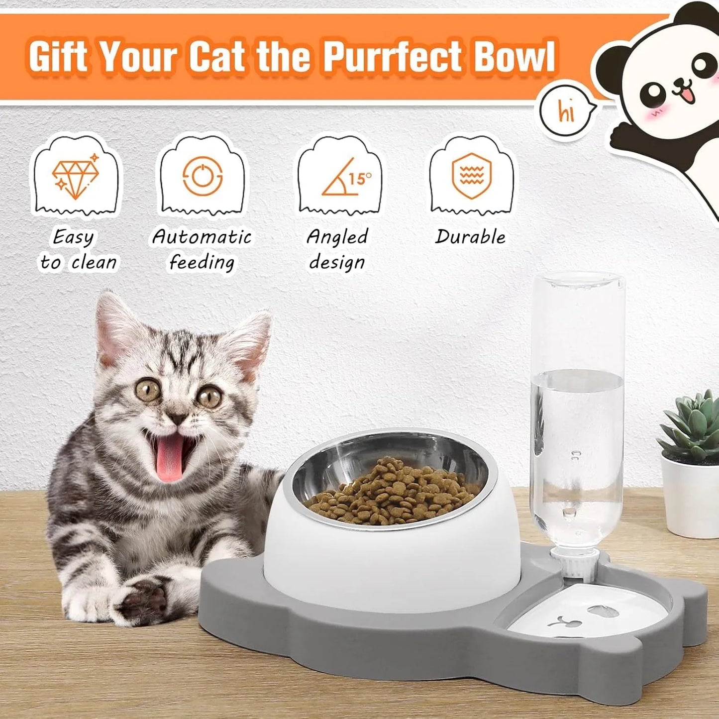 Grey panda-shaped tilted pet feeder with food bowl, water bowl, and a 17oz water bottle attached.