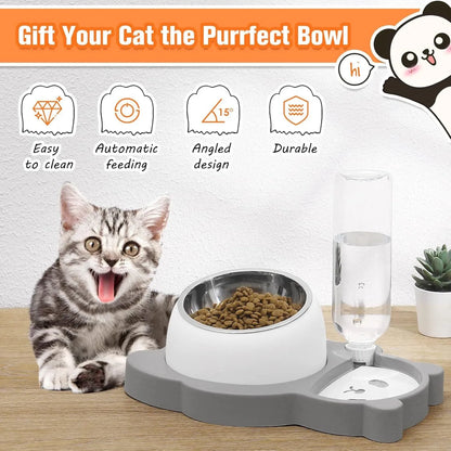 Grey panda-shaped tilted pet feeder with food bowl, water bowl, and a 17oz water bottle attached.