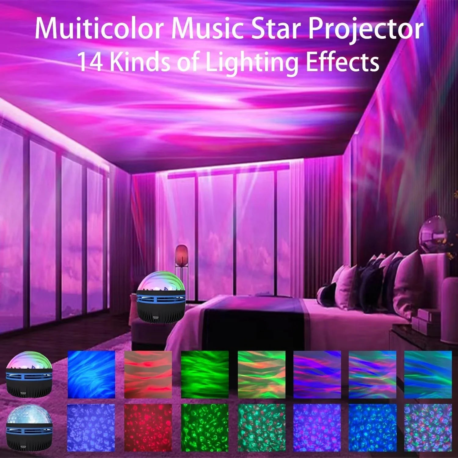 LED Galaxy Star Projector with rotating color-changing display, creating a soothing starry night effect in a bedroom