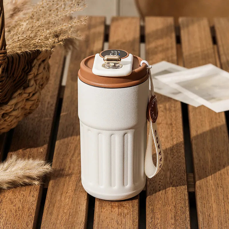Digital thermal insulated bottle with temperature display and handle, stainless steel construction, 450ml capacity