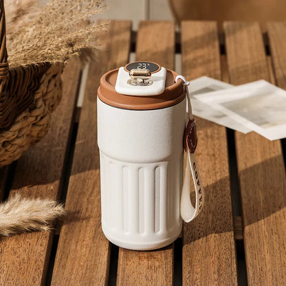 Digital thermal insulated bottle with temperature display and handle, stainless steel construction, 450ml capacity