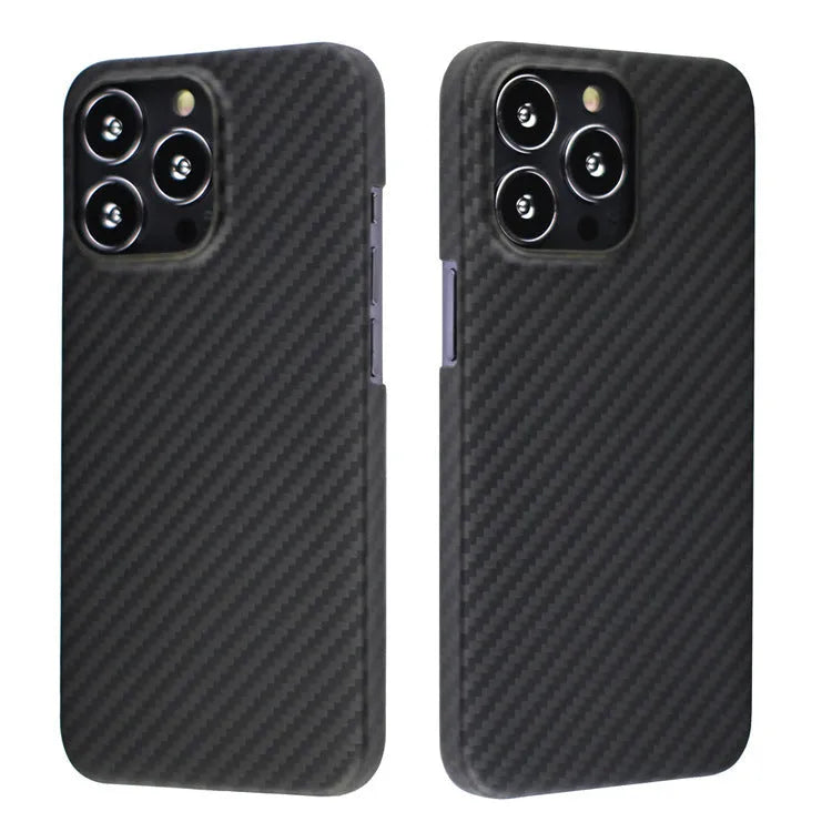 Matt black Kevlar fibre iPhone case with volcano crater texture shown on an iPhone 14 Pro.