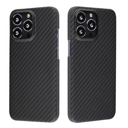 Matt black Kevlar fibre iPhone case with volcano crater texture shown on an iPhone 14 Pro.