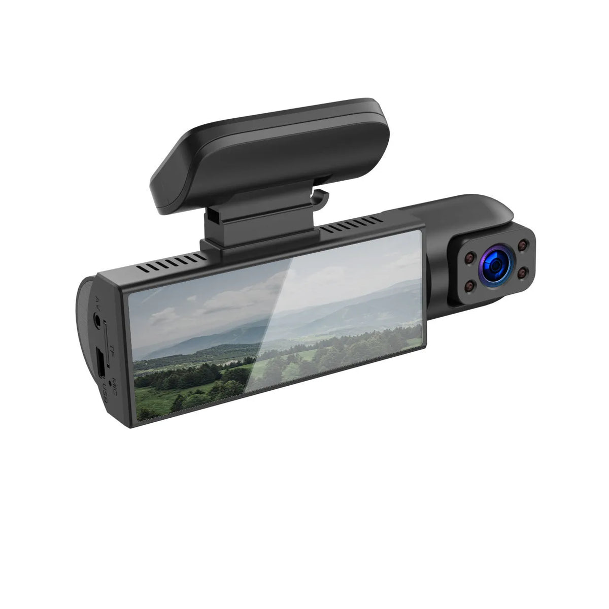 Dual-lens HD driving recorder with 3.5-inch LCD screen mounted on a car dashboard.