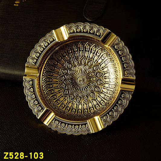 Vintage pattern metal ashtray in gold black finish, square 10cm design with knurled edges for home decor