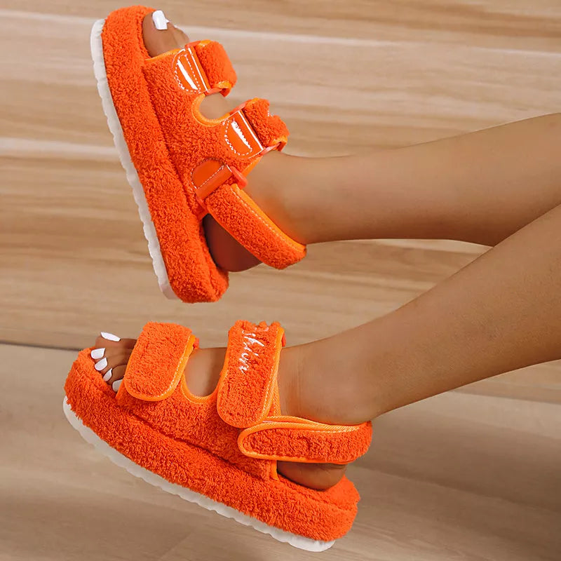 Women's Velcro Plush Rome Platform High Heel Sandals in black, blue, green, and orange