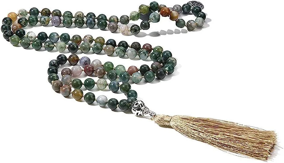 Handmade long stone beaded necklace with 108 8mm beads in a choice of 12 natural colours.