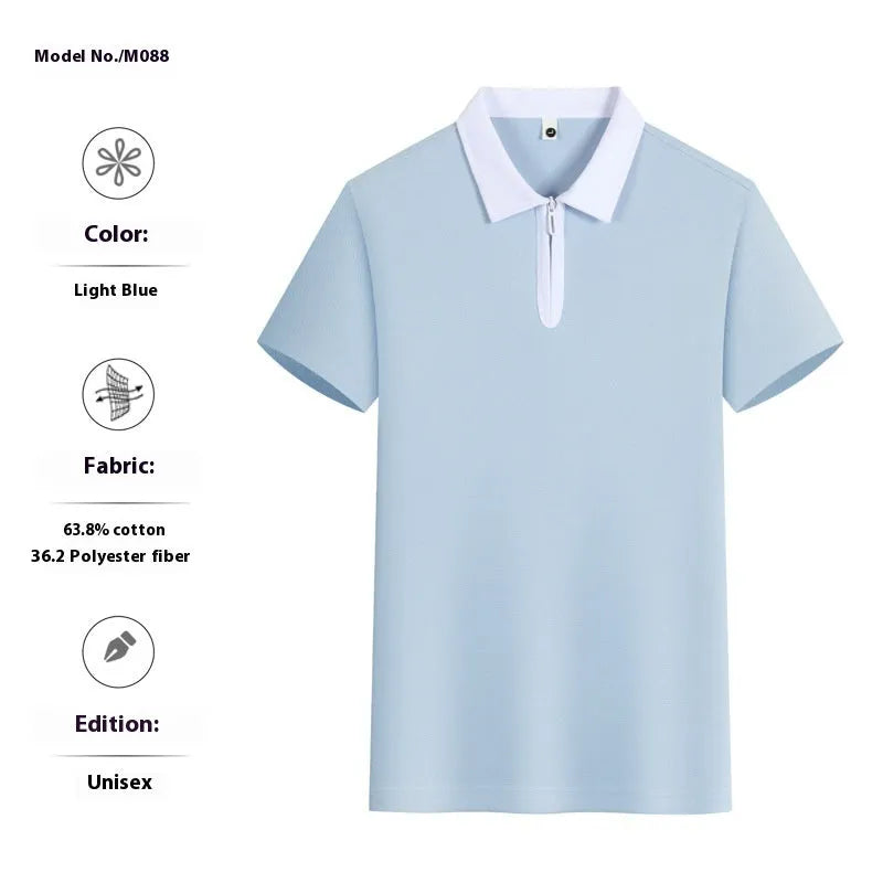 Zipper and lapel polo shirt in solid colour with short sleeves and loose fit