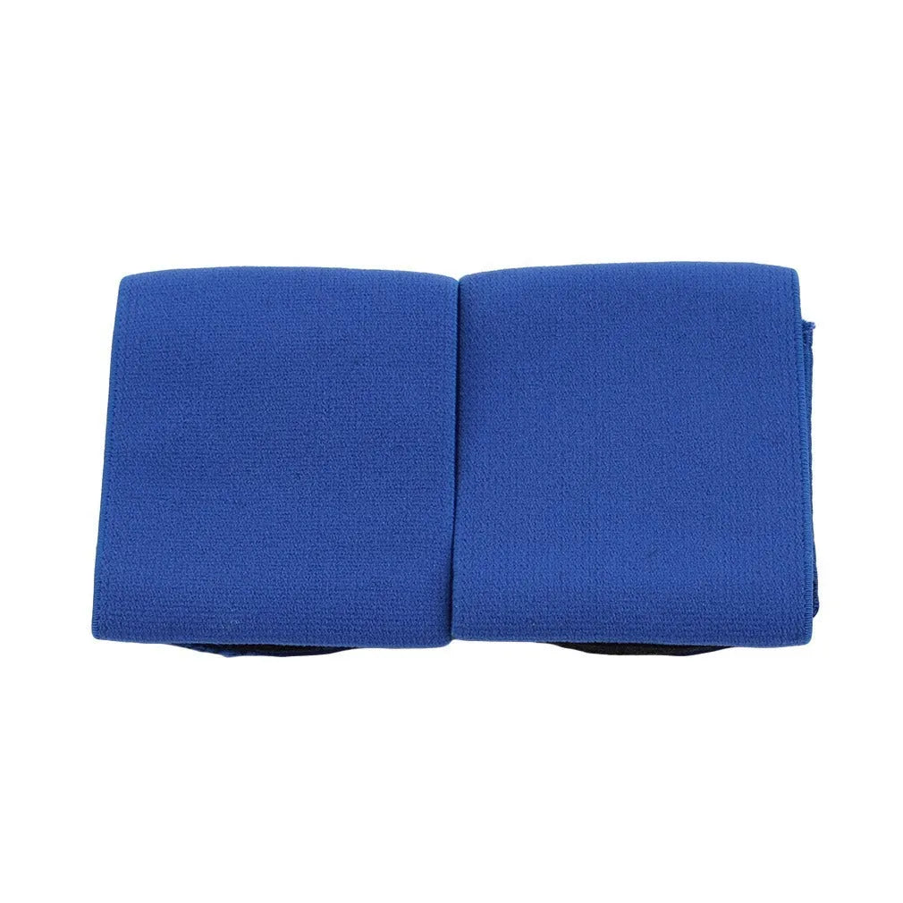 Rubber football shin guard retention tape belt shown in red, blue, black, and white colour options.