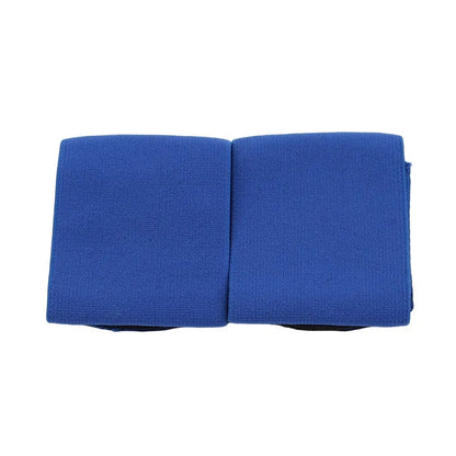 Rubber football shin guard retention tape belt shown in red, blue, black, and white colour options.