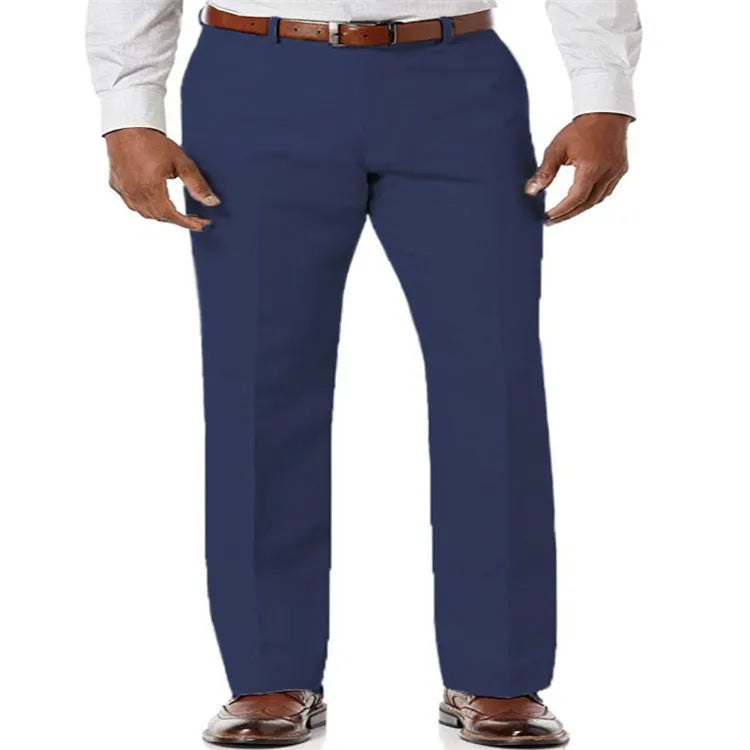 Men's beige white linen casual trousers with slant pockets laid flat