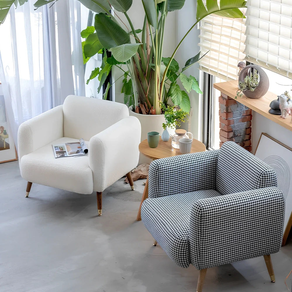 Modern fabric sofa chair in blue grey colour with 73cm width and medium density foam sponge filling