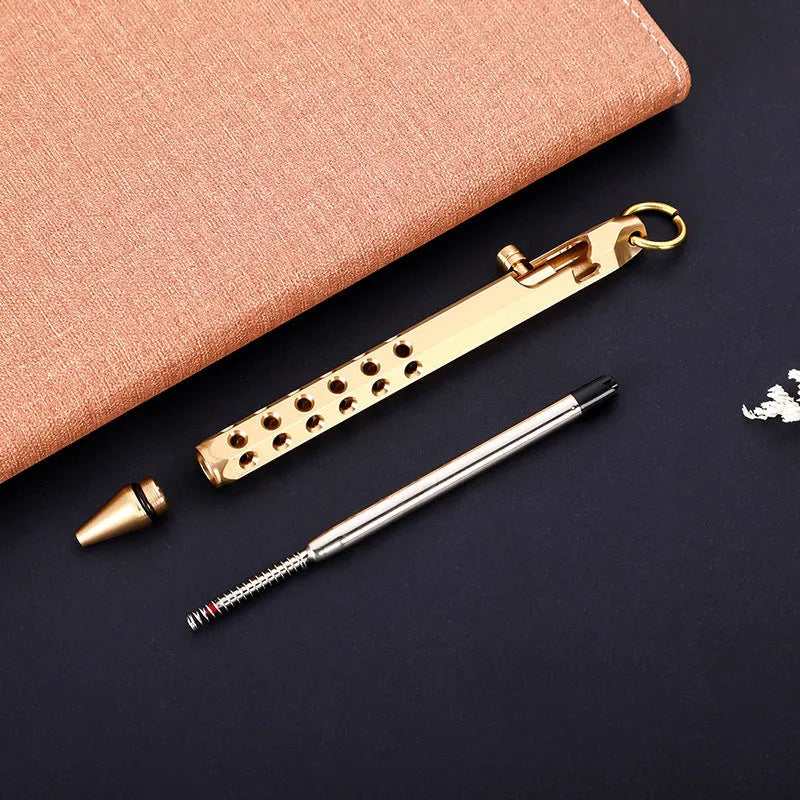 Brass hexagonal bolt pen with retro design showing 6-angle construction and 0.5mm writing tip
