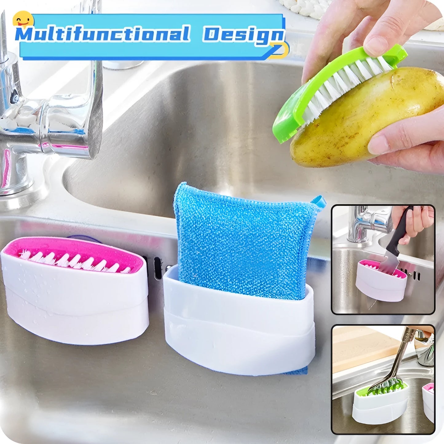 Blue multi-purpose kitchen brush with suction cup for cleaning utensils and vegetables