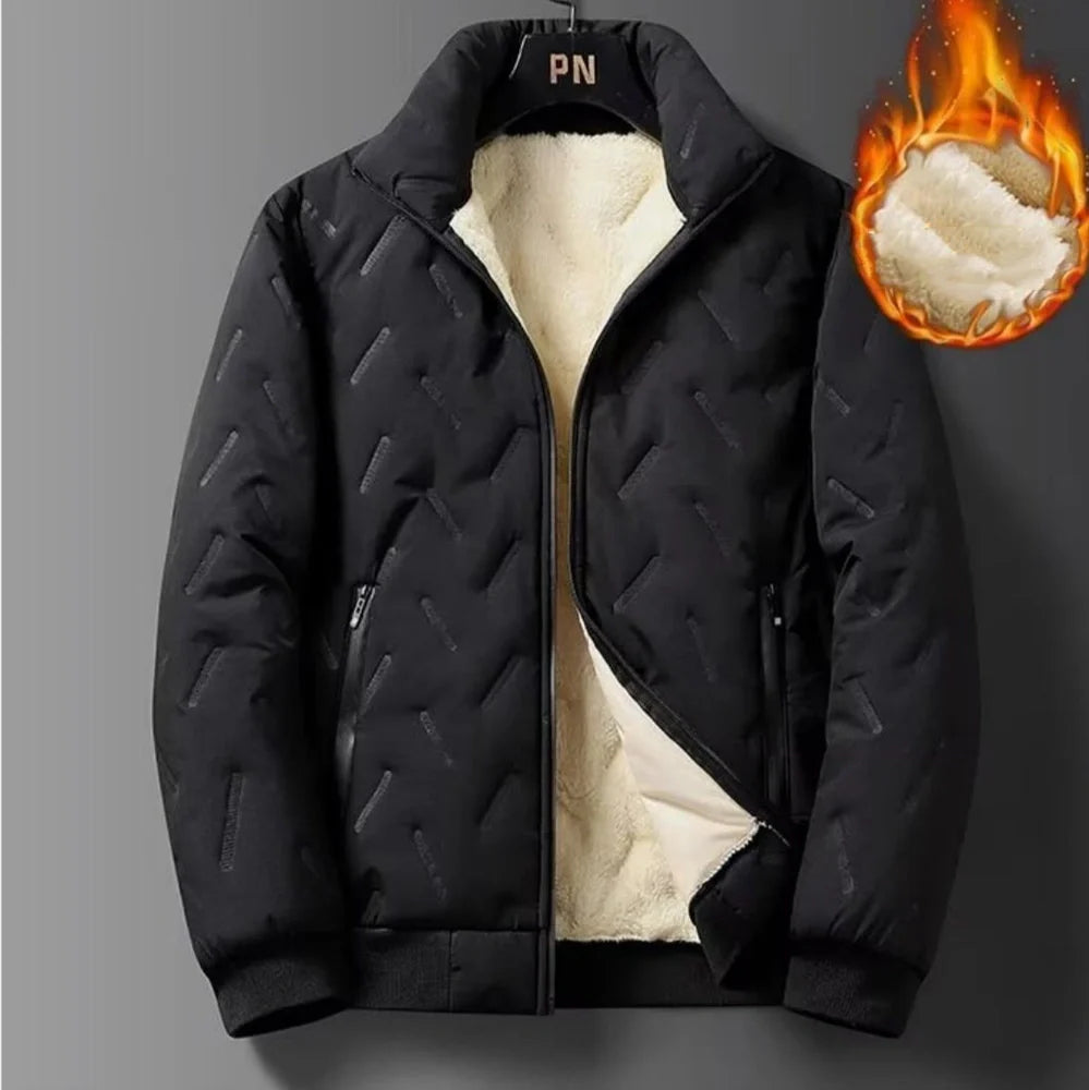 Men's grey fleece zipper jacket and tapered pants set with turn-down collar and zippered pockets