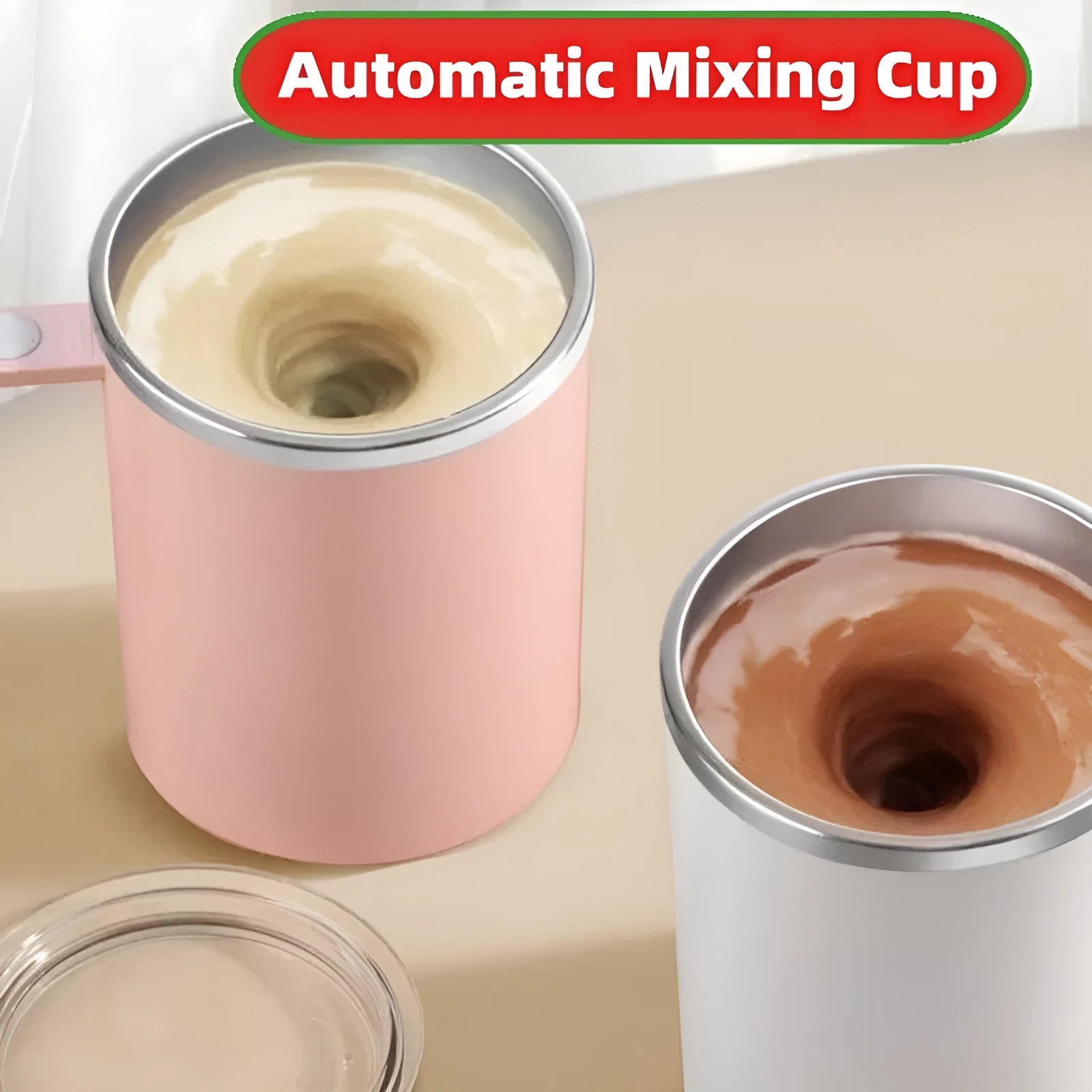 White automatic stirring coffee cup with magnetic base on a wooden table, showing simple solid-colour design.