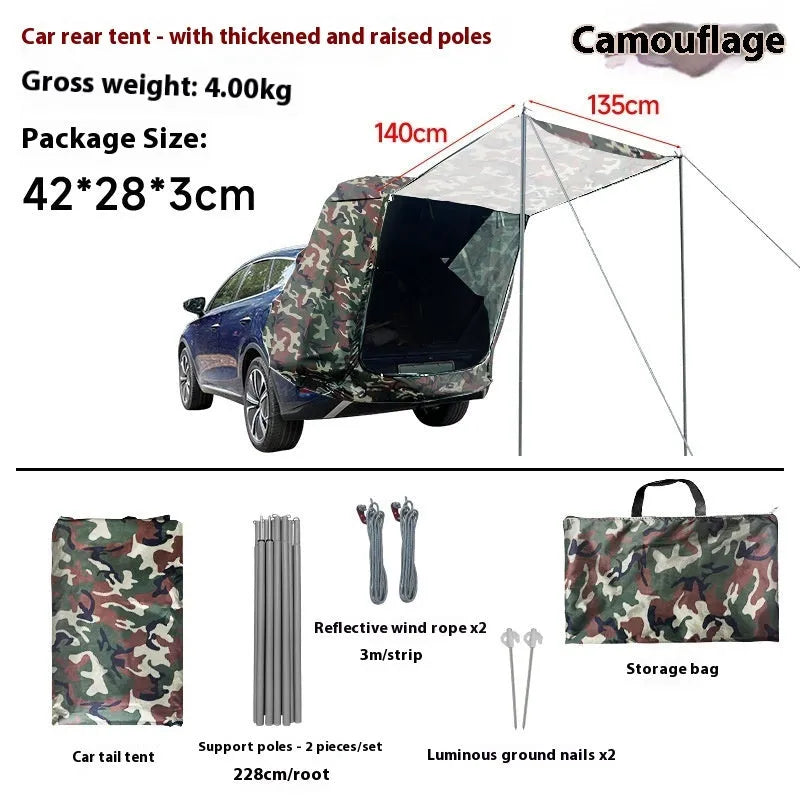 Outdoor camping rear tent roof extension with jackstay and reflective wind rope, packed size 42 x 28 x 3 cm