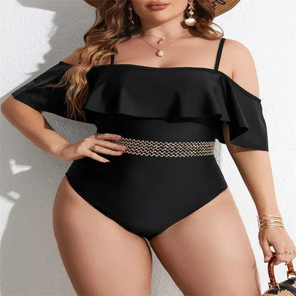 Black solid colour one-piece swimsuit for women on a mannequin.